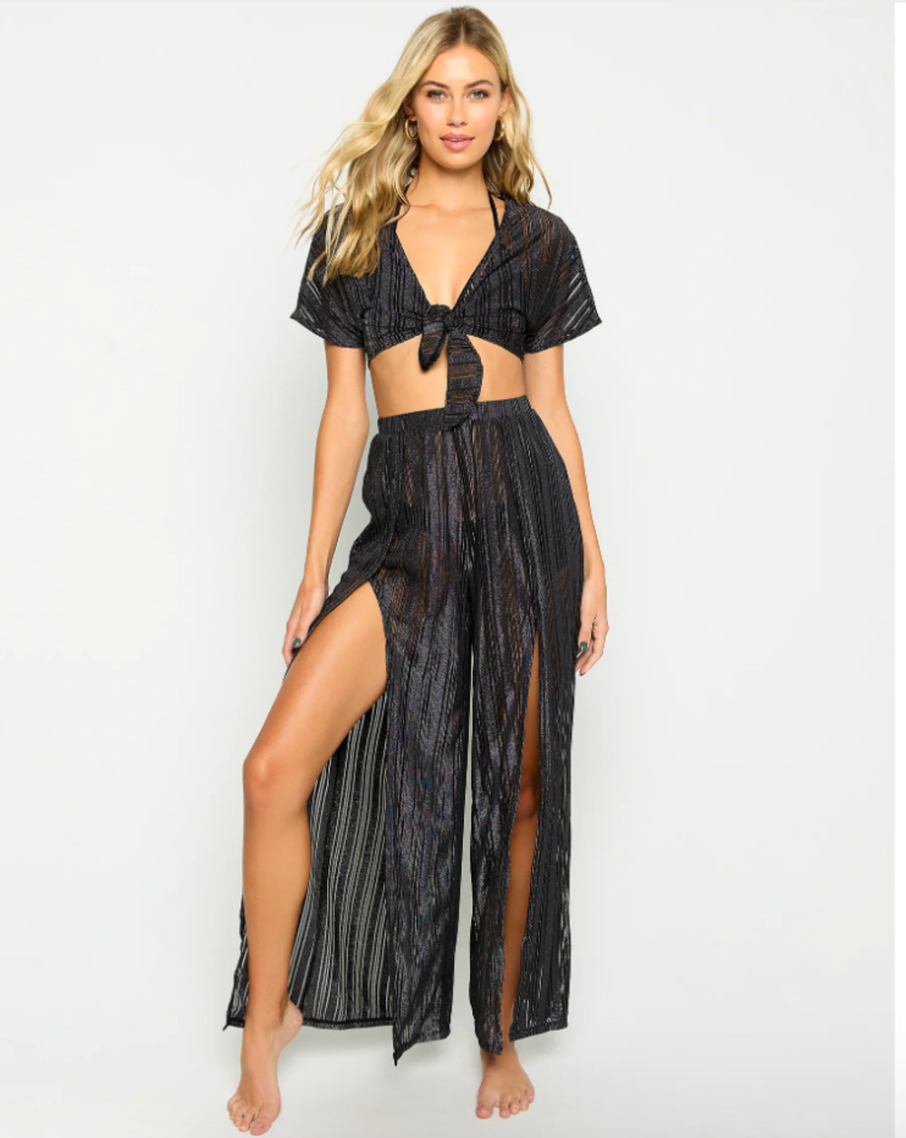 NWOT Beach Bunny Reed Pant Black Metallic Side Slit Cover Up L